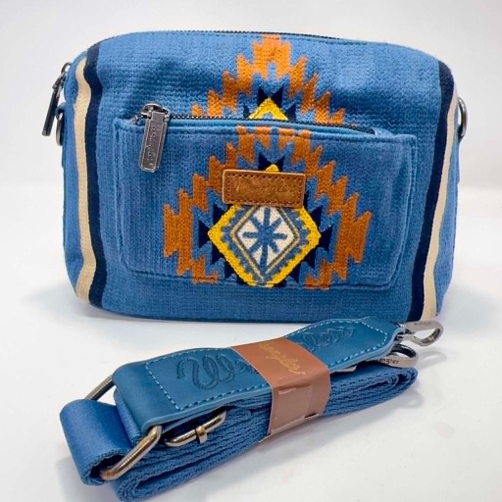 NEW Wrangler Southwestern Aztec Embroidered Crossbody Purse Blue Tapestry Boho